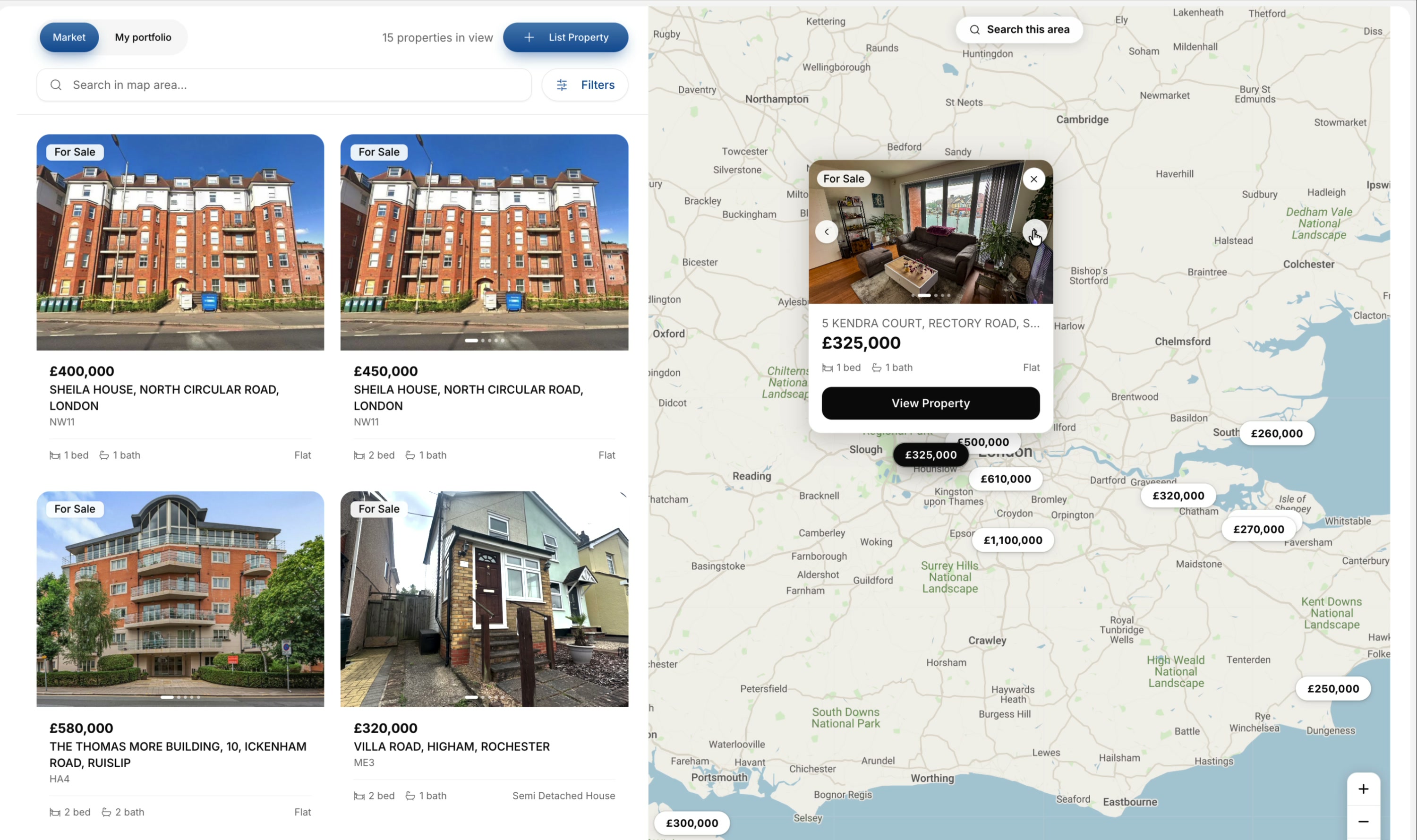 Listings shown on the map with prices
