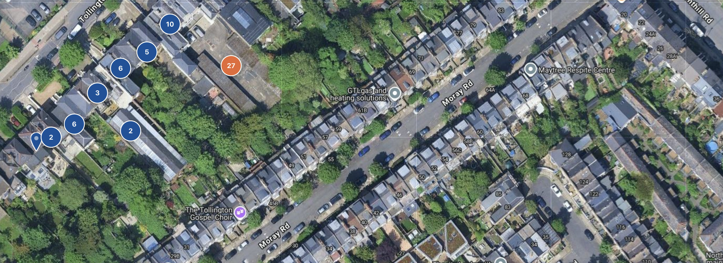 The area map around a property, with nearby addresses plotted